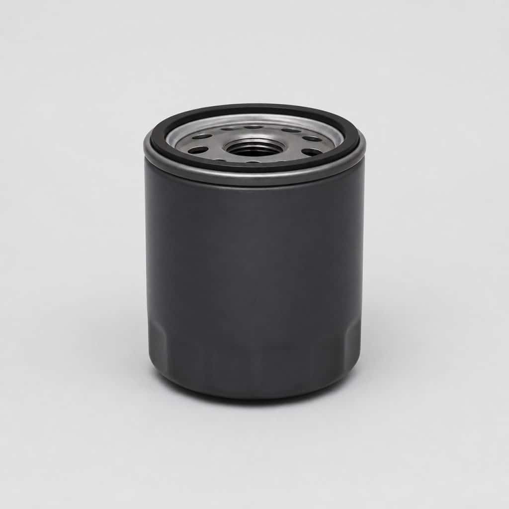 Filtre à huile gris anthracite posé seul sur fond clair