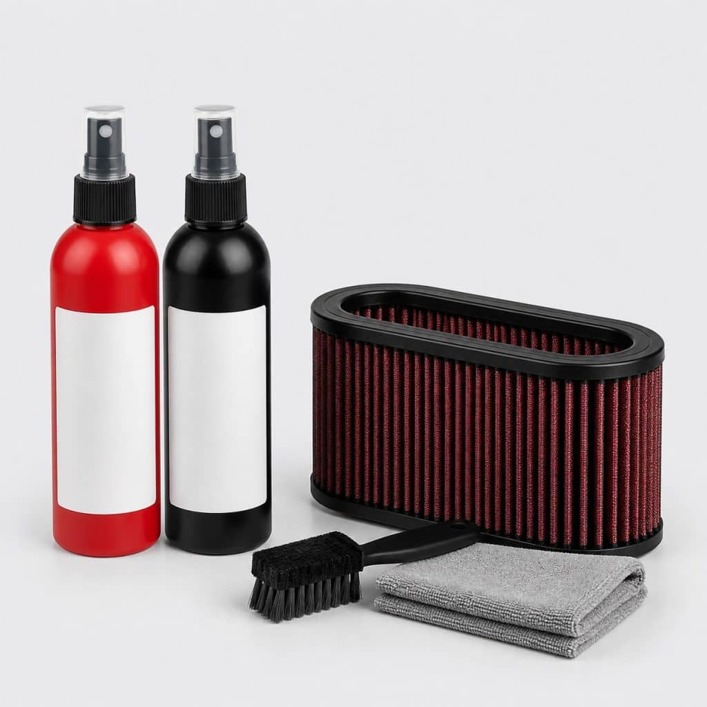 Kit d'entretien filtre à air avec deux flacons spray sur fond neutre