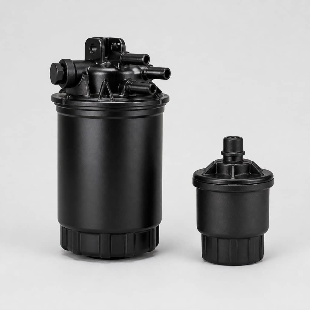 Kit filtre à carburant diesel avec préfiltre présenté sur fond neutre