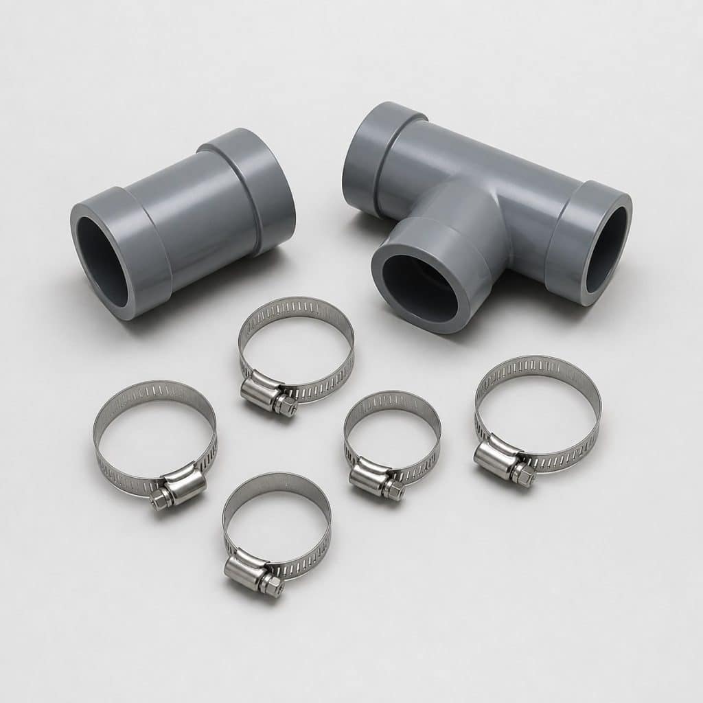 Kit de raccords et colliers de serrage pour durite présenté sur fond neutre