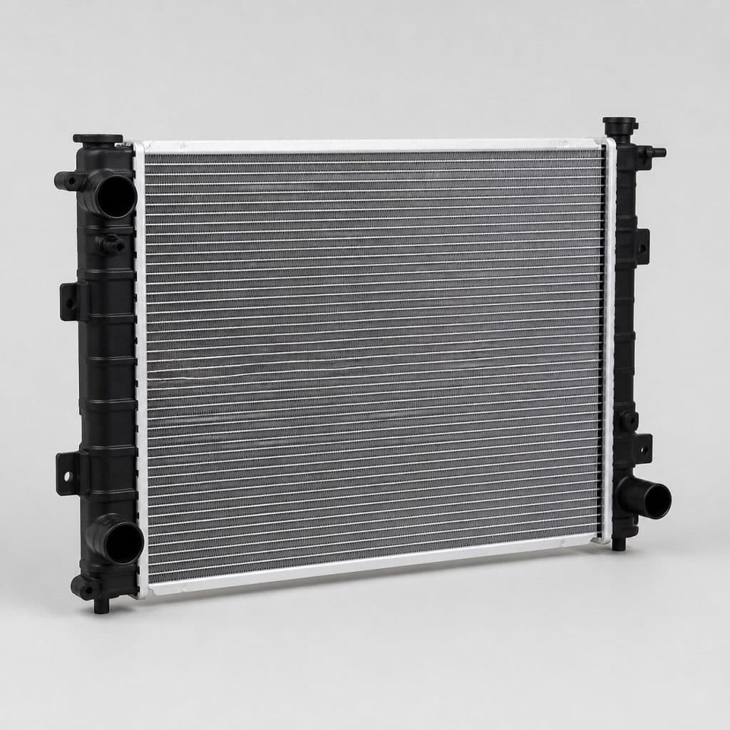 Radiateur moteur aluminium présenté seul sur fond neutre